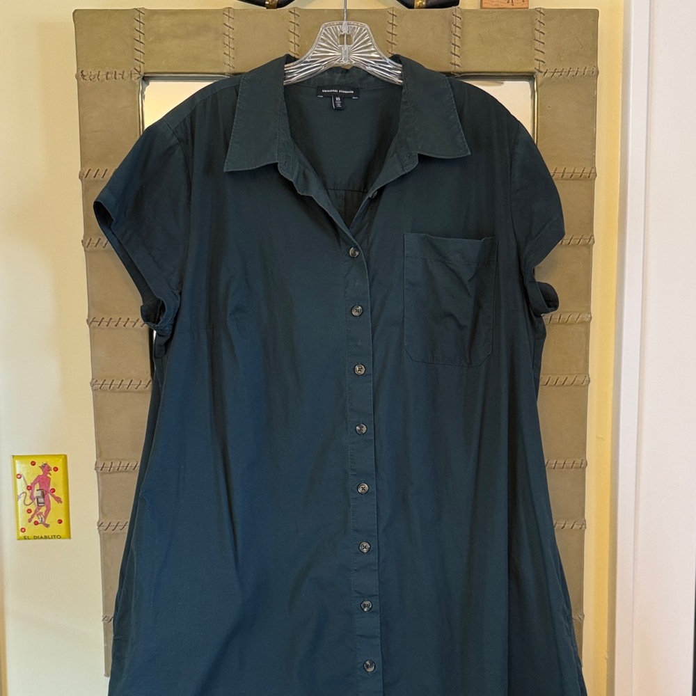 Short Sleeve Stretch Poplin Shirtdress - Forest Green